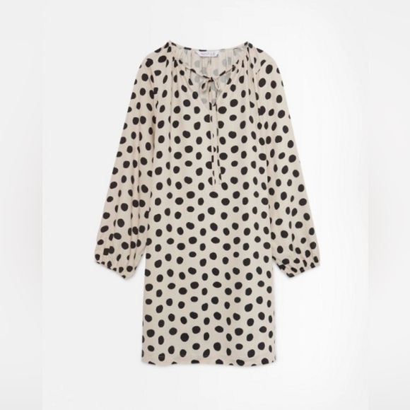 Boutique Fantastica Cream Serval Print Polka Dot Tie Neck Swing Mini Dress - Picture 2 of 9